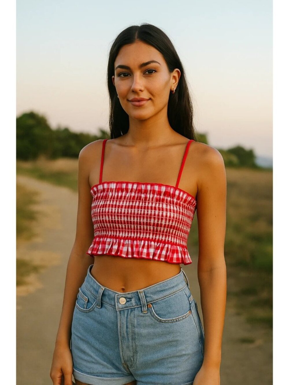 Colsie size SMALL Red Gingham Woven Bandeau Bralette NEW